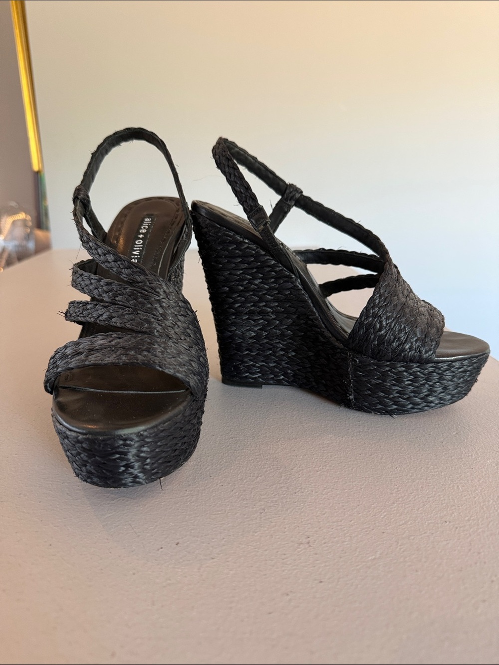 Alice + Olivia Black Braided Platform Wedge Sandals